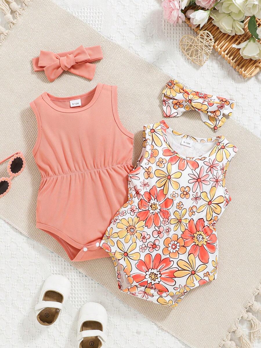 女婴四件套春夏竖条纹印花连体衣及配套发带，粉色 - 彩色 - 查看 1