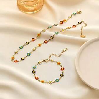 2 件/套时尚多色雏菊手链和项链，适合日常佩戴