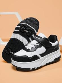 Zapatos con ruedas para niños, cierre de gancho y bucle a la moda, entrenadores casuales unisex cómodos para patinaje sobre ruedas al aire libre con ruedas para estudiantes - Blanco y Negro - Ver 7