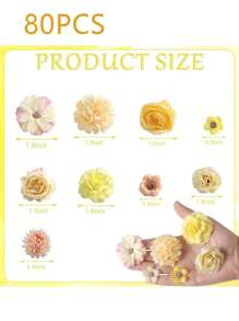 80 件黄色迷你人造花头丝绸人造梅花头假牡丹玫瑰雏菊花头 DIY 花环蛋糕婚礼派对毕业季帽子鞋子家居花瓶装饰，秋季装饰，秋季 - 黃色 - 查看 2