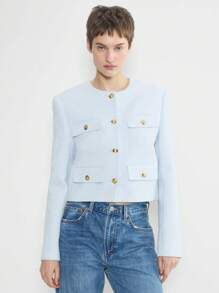 Áo khoác vải tuýt thanh lịch thường ngày TRAFZA dành cho nữ, cổ tròn, tay dài, màu trơn, trang trí mùa xuân - xanh nhạt - Xem 4