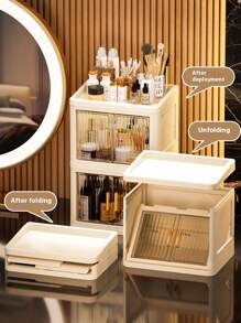 1-Set 3-Layer Crown Design Foldable Drawers Makeup Organizer Box, Cream White Color, Suitable For Cosmetics, Lipsticks, Skincare Products, Desk Top Storage, Thickened & Enlarged Easy To Carry