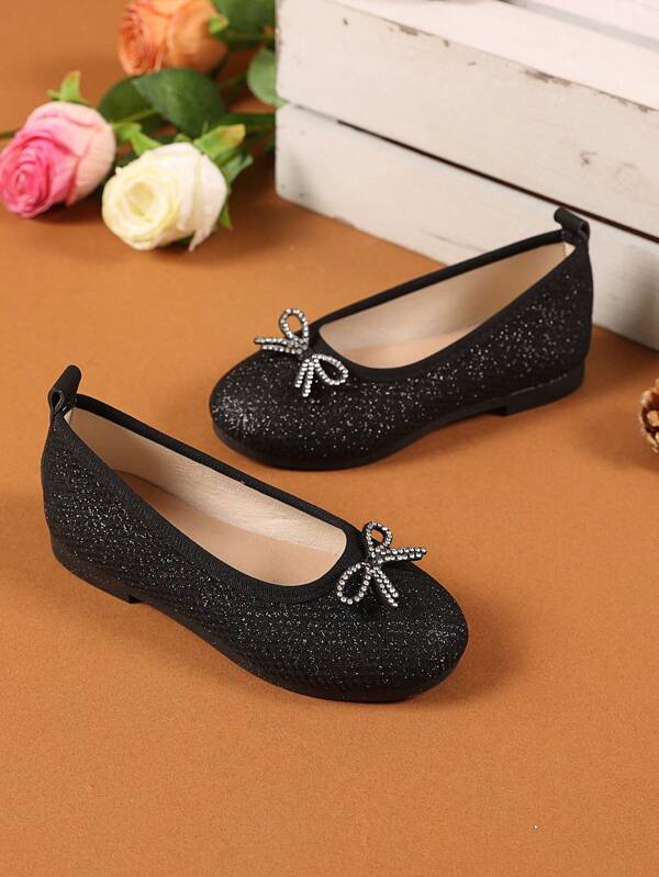 1 Pair Black Glitter Fabric Ballet Flats For Toddler Girls, Butterfly Decor, Slip-On Round Toe Soft Sole, Comfortable And Fashionable Princess Shoes, Suitable For 1-12 Years Old Girls For Daily, Party, Travel, Spring/Autumn 2025 New