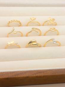 9 Pcs Adjustable Foot Ring Set Snake Butterfly Dragonfly Dolphin Heart Leaf Etc Shape Foot Ring Set For Women Girls - Yellow Gold - View 2