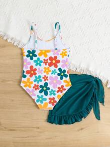 Young Girl Flower Print Camisole Swimsuit With Cover-Up Top & Skirt Set - Green - View 2