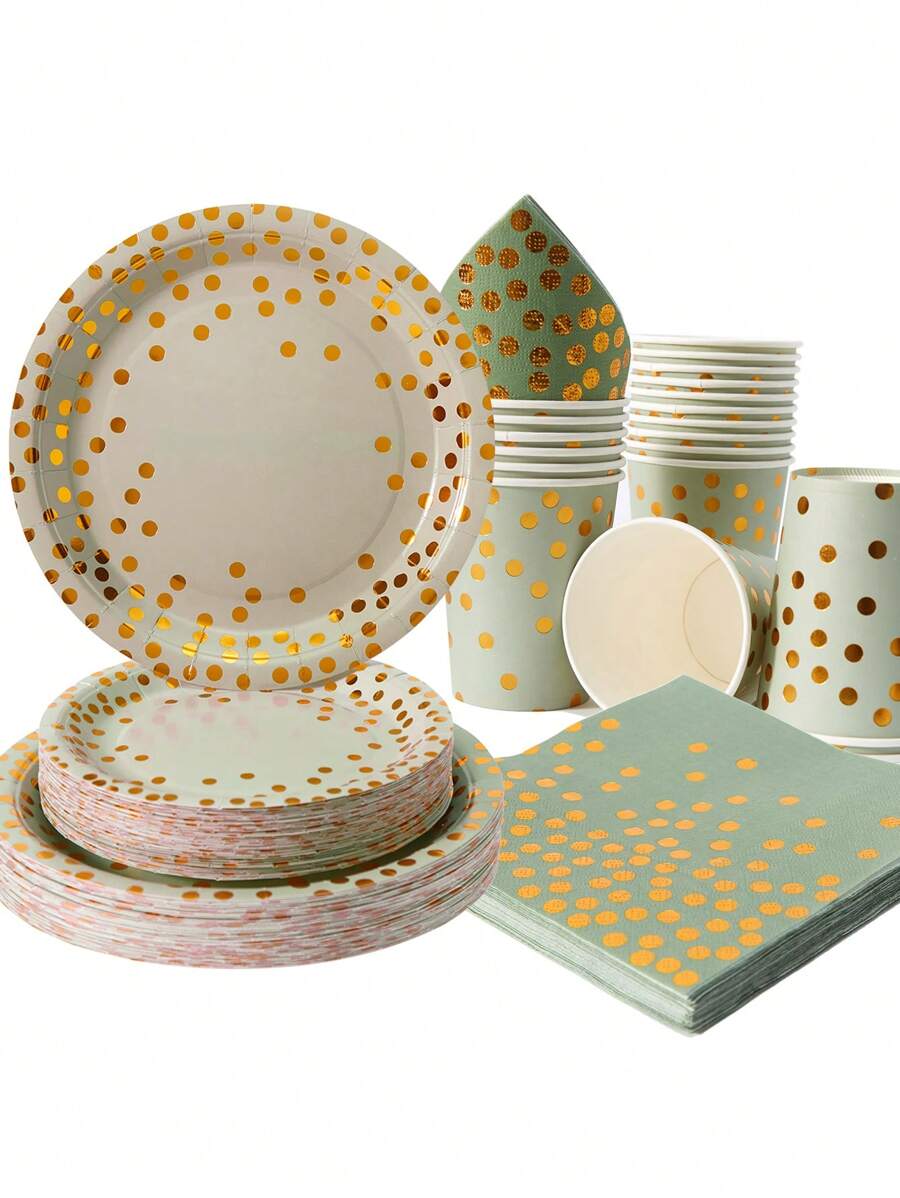 25 件鼠尾草绿和金色派对用品套装，一次性盘子、杯子和餐巾，适用于生日、婚礼、派对餐具 - 彩色 - 查看 1