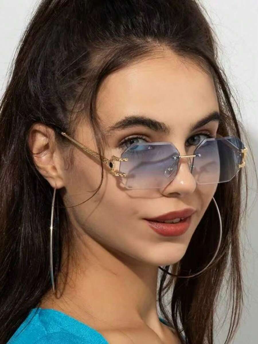 1 pieza Gafas de mujer con montura de metal sin borde de polígono, adecuadas para fotografía callejera y atuendo diario para vacaciones de verano en la playa, al aire libre, viajes