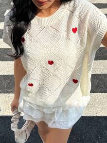 Knit Mix Women's Hollow Heart Pattern Rhombus Casual Commuter Loose Knit Pullover Top (Pattern Random), Spring/Summer