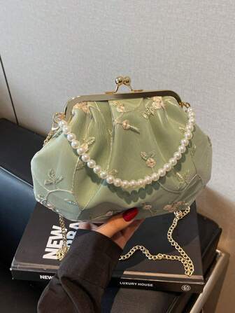 清新简约背包、碎花包、晚宴包、女士包、时尚名媛手提包、手提包、单肩斜跨包、纯色链条包、仿珍珠手提包