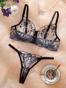 Women Plus Size Elegant Floral Embroidery Mesh Super Thin Sexy Lingerie Set