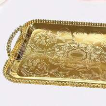 1pc Decorative Metal Rectangular Tray With Beaded Handles Serving Tray Hotel Decor, Suitable For Festival Center Decor, Hotel Home And Office Decor, Any Festival