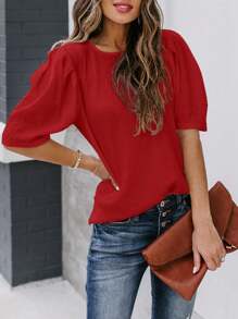 Camisa Feminina de Manga Curta Sólida, Camisa Casual de Verão com Decote Careca, Moda Camisa de Manga Bufante