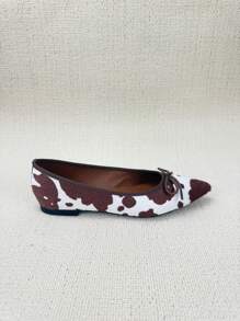 Women's Brown Pointed Toe Ballet Flats With Bow Decor, Elegant Slip-On Soft Bottom Loafers With Animal Print Fabric
