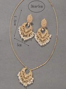 3-teiliges Set Vintage Luxus Quasten Perlen Anhänger Ohrringe & Halskette, europäisch-amerikanisch handgemachter Cut Out V-förmiger Blumen Mehrschicht Perlenanhänger Set, Luxus Schmuck Geschenk für Frauen Party Urlaub