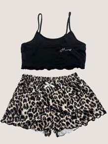 2 Pieces Halter Top And Leopard Print Shorts Homewear Set, Custom Text Content, Custom English Text, Custom Text Content Fun Underwear, Her Birthday Gift, Anniversary Gift, Wife, Girlfriend, Unique Gift Custom Text Content,