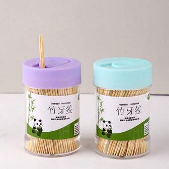 350/700 pièces Porte-cure-dents solide et sûr, avec 350 pièces de cure-dents en bois naturel, pour le nettoyage des dents, décoration de design maison unique, set de 2 pièces, beige