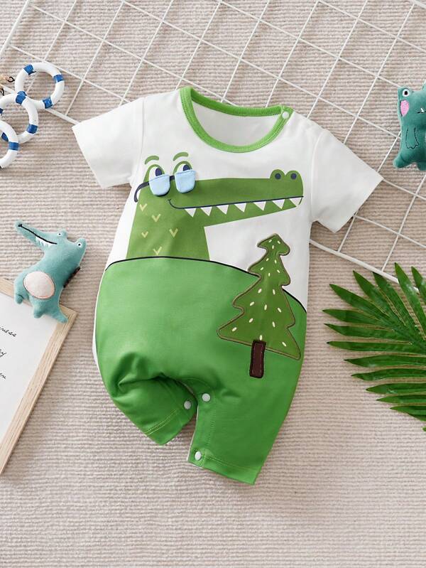 Yierying Infant Boy Short Sleeve Alligator With Cute Eye Print And Embroidery Romper, Spring/Summer