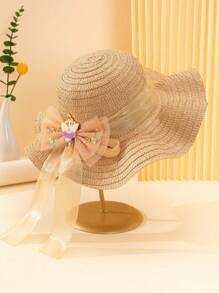 1pc Kids Girls' Ballet Dancer Net Bow Decoration Khaki Sun Hat, Suitable For Daily Life, Outdoor Leisure And Vacation, Princess Style