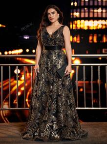 Vestido de noche elegante y formal para mujer talla grande, con corte evasé, cuello en V, bordado de lentejuelas, y diseño con detalles, perfecto para eventos y fiestas, ideal como vestido de invitada de boda
