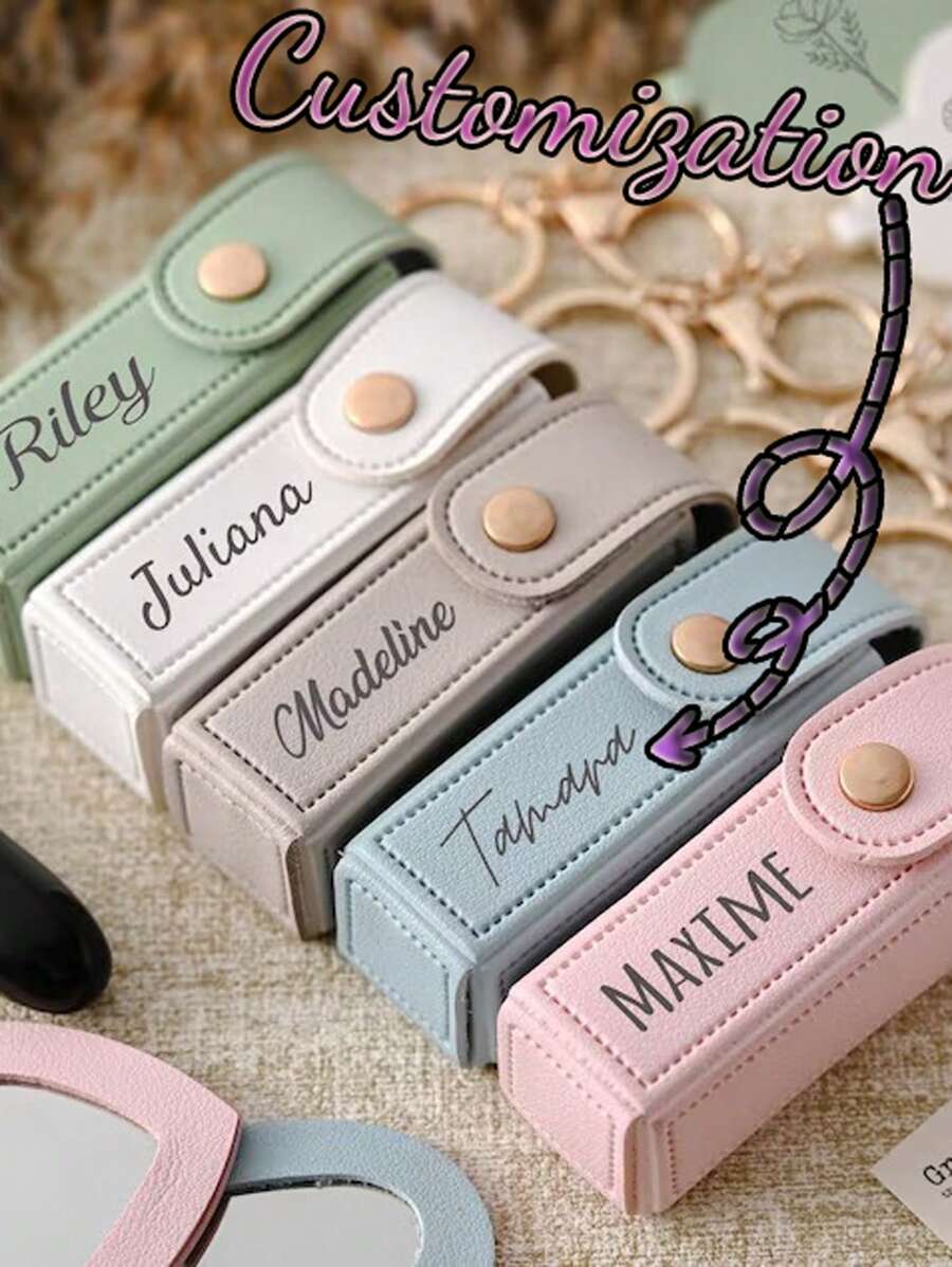 Personalized Lipstick Pouch Keychain, Lipstick Box With Mirror, Custom Name Anti-Loss Lipstick Storage Bag, Bridesmaid Gift, Valentine's Day Multi-Functional Storage.,Delicate Romance,Chic Design - Multicolor - View 1