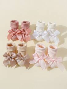 4 pares de calcetines de algodón para bebé/niña pequeña con lazo decorativo y antideslizantes hasta el tobillo, aptos para gatear en el suelo de interior