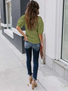 Camisa de Manga Curta Sólida Feminina, Camisa Casual de Verão com Gola Careca, Moda Camisa de Manga Bufante