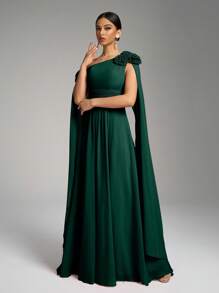 SUPGIR Đầm chiffon dài chấm đất xếp ly eo, cổ lệch vai, họa tiết hoa, thích hợp làm đầm phù dâu mùa xuân. - Màu xanh lá cây đậm - Xem 7