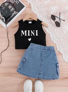 2pcs/Set Young Girl Summer Casual Letter Print White Tank Top & Skirt Set, Suitable For Commute, Daily Wear, Vacation, School