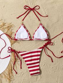 Striped Tie-Up Triangle Bikini Swimwear, Comfortable Elastic Fabric, Sexy Fitted Design - Red - View 2