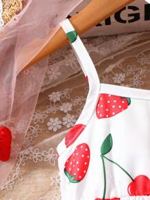 Infant Girls' Summer Cherry Print Dress - Sleeveless, White, Red Cherry & Strawberry Design, Casual Style, Festival Kid Clothes | Spaghetti Strap Toddler Dress