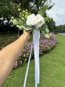 1 Stück Autospiegeldekoration für Hochzeit, Eukalyptus Blume für Stuhlrücken, Hochzeitsdekoration Flur, künstliche Rosenblume für Bambusstühle, Hochzeits- und Feiertagsdekoration Schleife, Hochzeitsauto Blumen