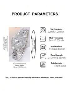 Women's Watch Set, Fashionable & Elegant Round Quartz Watch With Diamond Decor Bracelet, Suitable For Daily Wear, Birthday Gift Set (Excluding Gift Box) - Silver - View 6