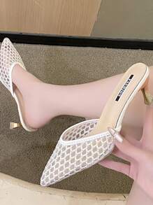 Pointed Toe High Heel Netted Mule Sandals, Elegant Ladies Slippers