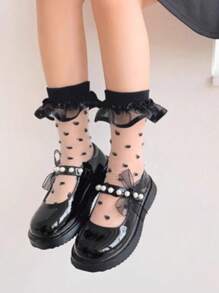 1 Pair Japan Style New Spring/Summer Lovely Crystal Polka Dot Double-Layer Organza Lace Trim Socks - Black - View 2