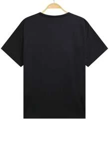 Men's Letter & Rose Flower Print Round Neck Short Sleeve Casual T-Shirt - Black - View 5