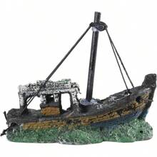 1/2pcs Aquarium Sunken Ship Decorations Resin Ship Cave Fish For Ornaments Betta For Accessories For Hermit - Dark Green - View 6
