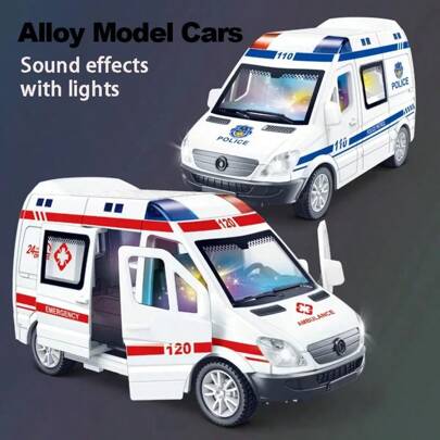 1 件迷你压铸救护车消防车警车模型声光车辆仿真收藏礼物玩具男孩房间装饰，返校
