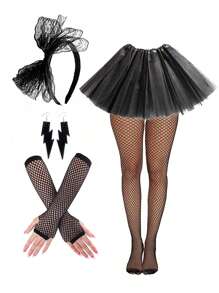 Set de 7 piezas de accesorios de disfraz de fiesta de cosplay con estilo retro de los 80 y 90, que incluye: diadema con lazo de encaje, falda sexy, faldas de malla, medias de red, aretes con diseño de relámpago, para usar en Baile de graduación, Día de San Valentín, festivales de música, Halloween