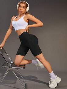 女式黑色运动骑行短裤（带手机口袋）、运动跑步瑜伽健身百慕大短裤、弹力速干健身短裤 - 黑色 - 查看 5