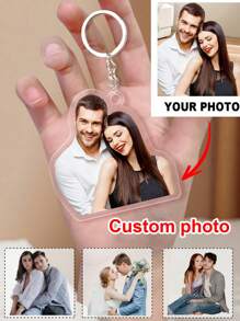 1/2个个性化定制雕刻彩色照片钥匙扣，不锈钢和亚克力吊坠，透明造型，适用于包包、行李箱等，个性化定制情人节礼物、生日礼物