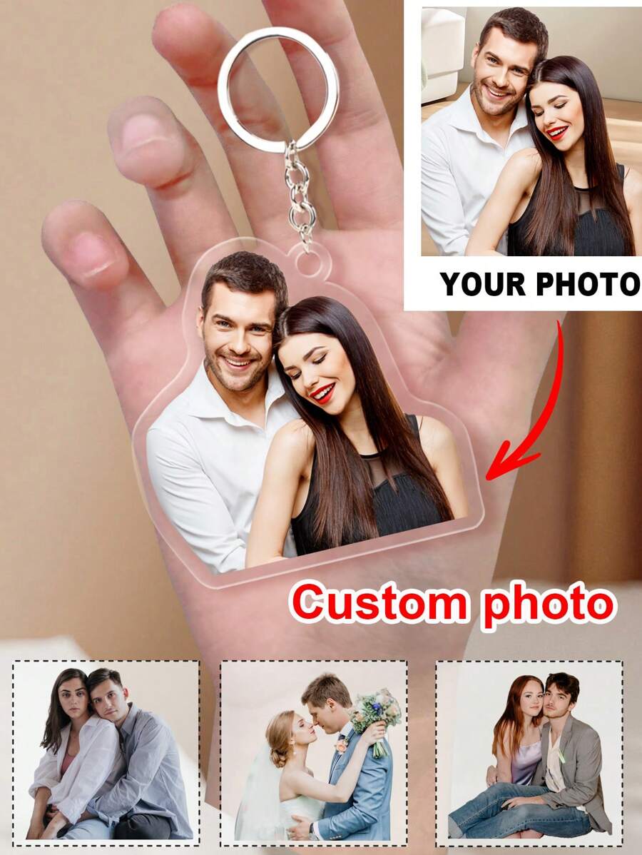 1/2个个性化定制雕刻彩色照片钥匙扣，不锈钢和亚克力吊坠，透明造型，适用于包包、行李箱等，个性化定制情人节礼物、生日礼物