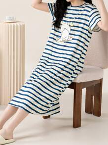 AICJ 1 pieza Vestido camisón casual de media longitud con cuello redondo, manga corta, estampado de rayas y gráfico de letras, adecuado para primavera, Día de la Madre, San Valentín, Año Nuevo