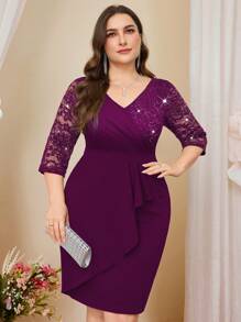 Plus V-Neck Sequin Floral Lace Contrast Ruffle Trim Wrap Hem Evening Party Bodycon Dress, Elegant Semi Formal Wedding Guest Dress, For Birthday, Graduation, Homecoming, For Cocktail - Maroon - View 5