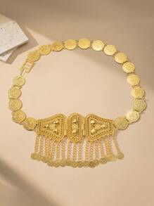 Herseygold 1pc Kurdi Turkish Style Bridal Gold Plated Coin Totem Tassel Waist Belt, Middle East Arabian Decoration Accessory For Women Long Dress, Festival Gift