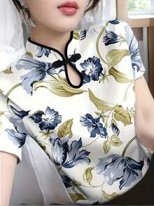 改良旗袍领短袖T恤，女士时尚印花汗衫，夏季修身背心 - 藍白色 - 查看 2