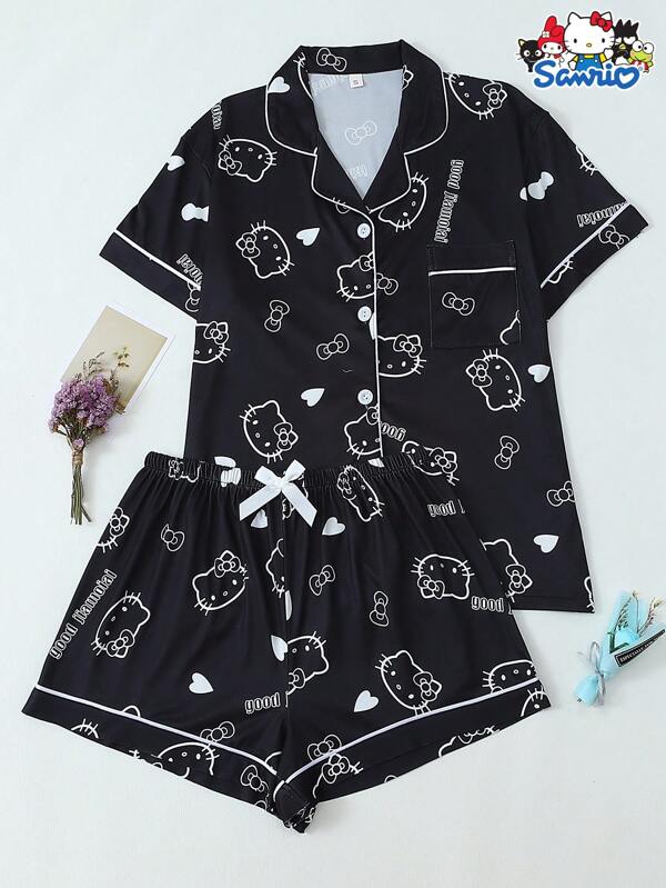 2pcs/Set Women's Spring/Summer Sanrio Hello Kitty Printed Polo Collar Short Sleeve Button Pocket Top And Bow Shorts Pajama Set, Suitable For Homewear