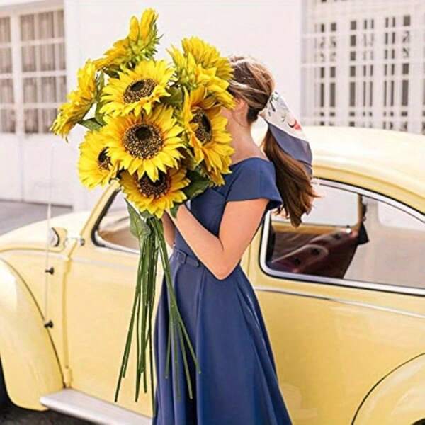 Glam Style Artificial Sunflowers - 3pcs, Large Full Bloom, Long Stem For Home Wedding Decoration