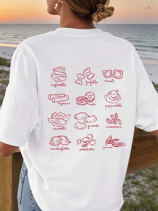 Camiseta de manga corta y cuello redondo casual con estampado de patrón de comida italiana en forma de corazón y letras, adecuada para verano y primavera, para mujeres