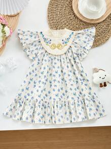 Baby Girl Ditsy Floral Embroidery Cap Sleeve Dress, Summer Baby Clothes - 杏色 - 查看 8