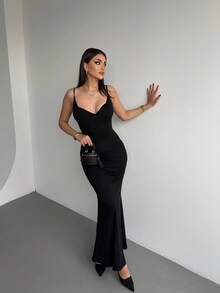 Women Solid Color Knitted Sexy Mermaid Style Casual Spring/Summer Holiday Dress - Black - View 3